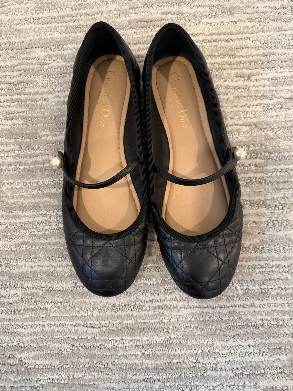 Dior Black Quilted Mary Jane Flats with Pearl Accent
